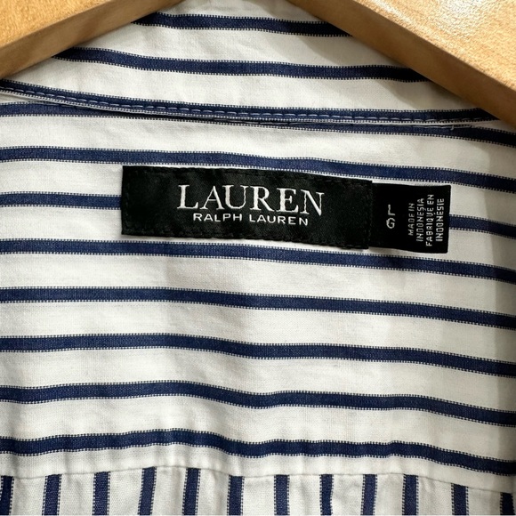 Lauren Ralph Lauren Black Label Blouse Navy & White Striped Button Down SZ Large - Picture 5 of 10